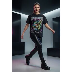 Messy Bun Just Chillin Graphic Tee Womens S Black Graphic Cotton Cosmic Speed
